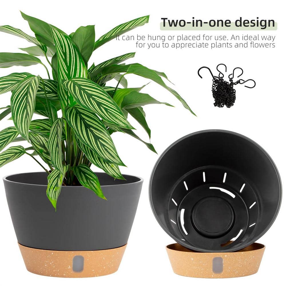 10" Dark Gray Plastic Hanging Planter with Self-Watering Tray