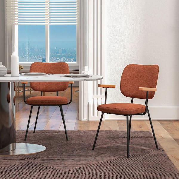 Orange Modern Fabric Dining Chairs with Armrest and Curved Backrest (Set of 2)