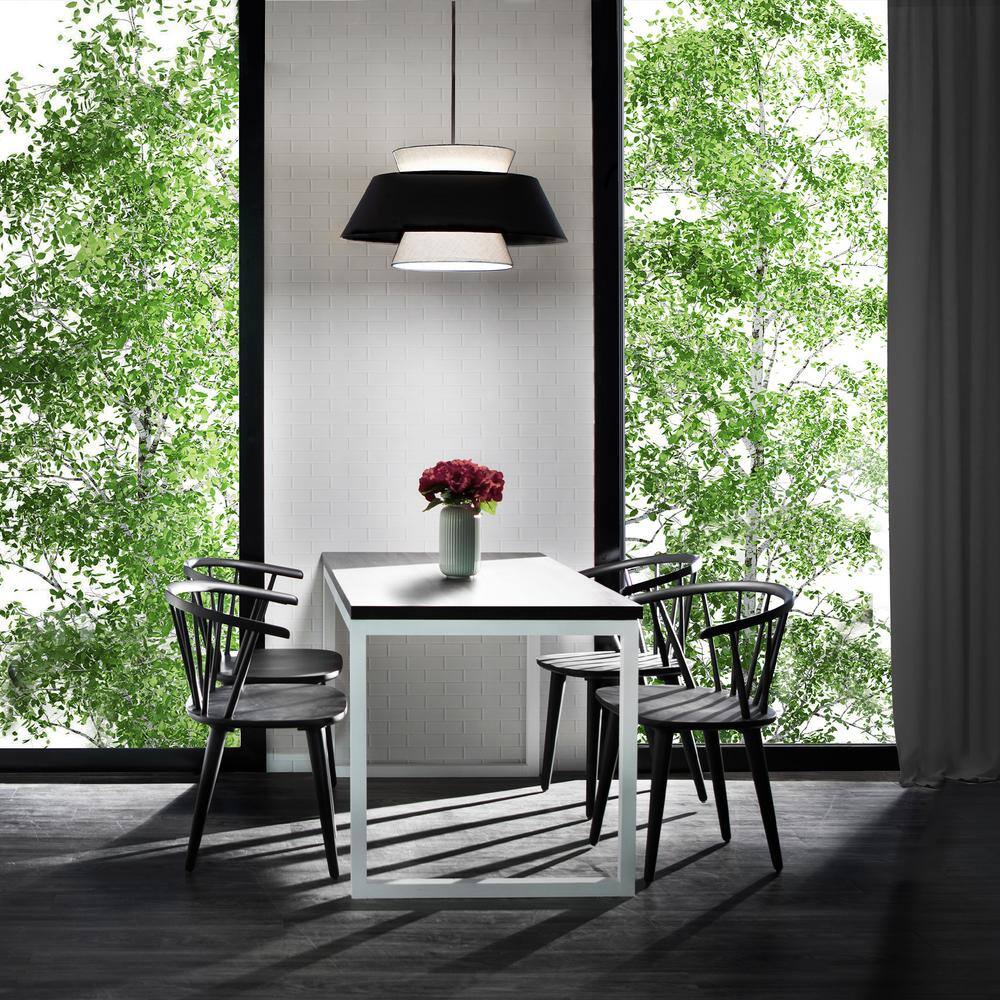 Rena Matte Black Aluminum LED Drum Pendant with Beige Fabric Shade