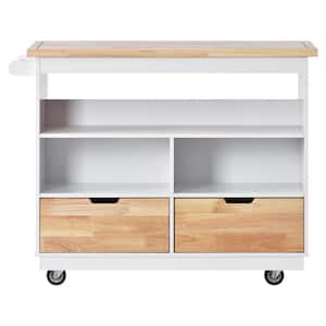 White Rubber Wood Kitchen Cart with Open Shelves 2-Drawers and Towel Rack
