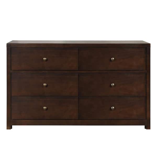 ATHMILE Solid Wood Brown 6-Drawer Double Dresser (16 in. L x 55 in. W x 34 in. H)