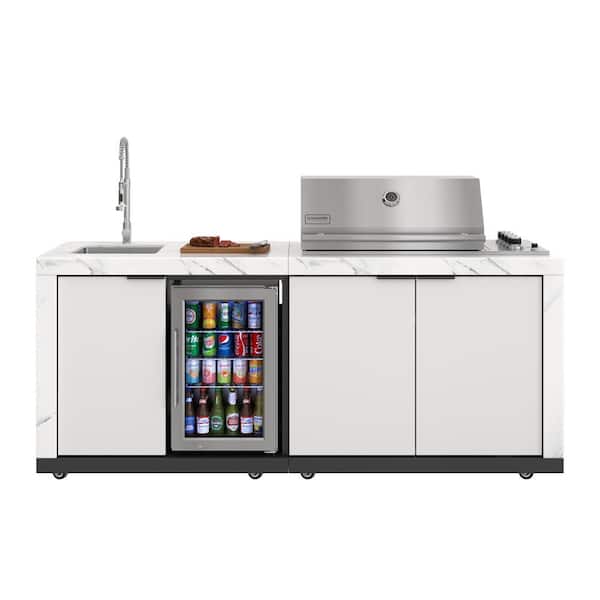 4-Burner Propane Grill Island, Outdoor Kitchen Suite with White Stone Countertop, Sink, and Cabinets in Stainless Steel