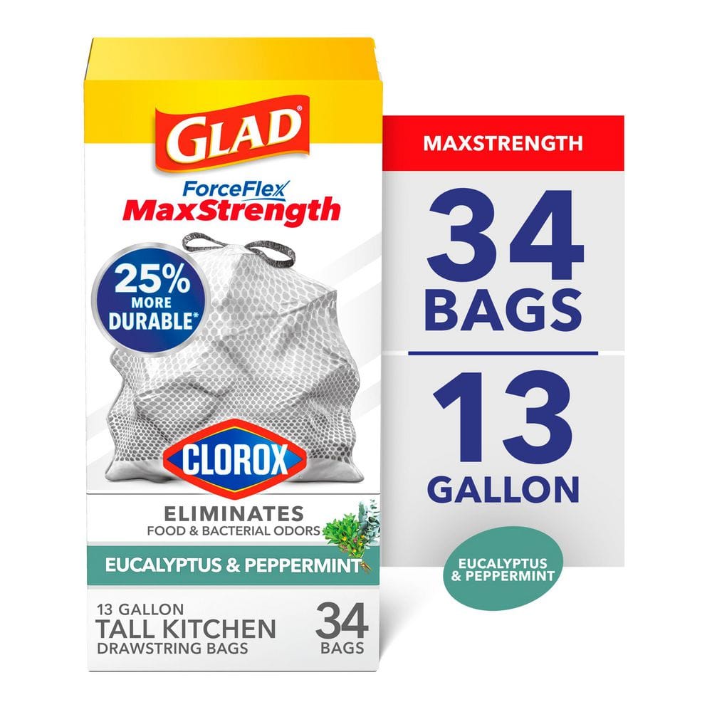 Glad 13 Gal. ForceFlex MaxStrength with Clorox Tall Kitchen Drawstring Eucalyptus and Peppermint Trash Bags (34-Count)
