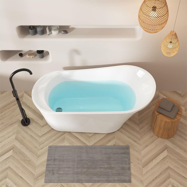 59 in. x 28 in. Freestanding Soaking Bathtub in White with Brushed Nickel Left Drain