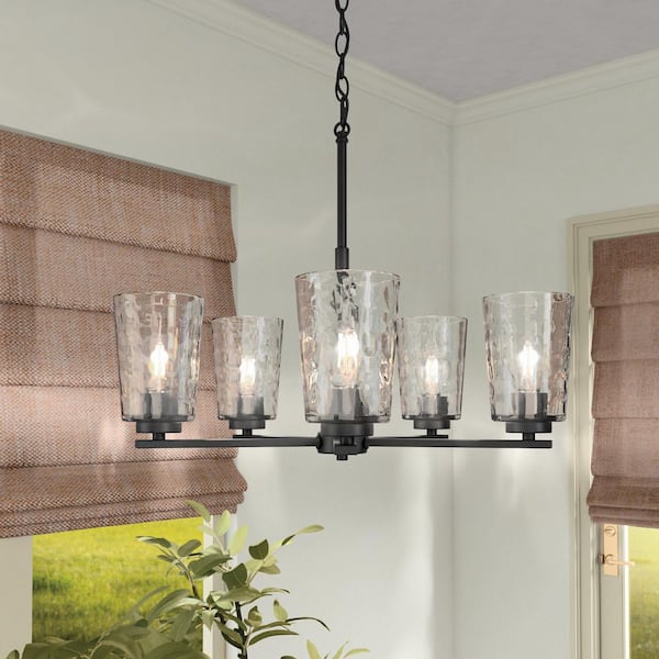 Mauzy Collection 5-Light Matte Black Transitional Chandelier with Clear Water Glass Shade for Dining Room