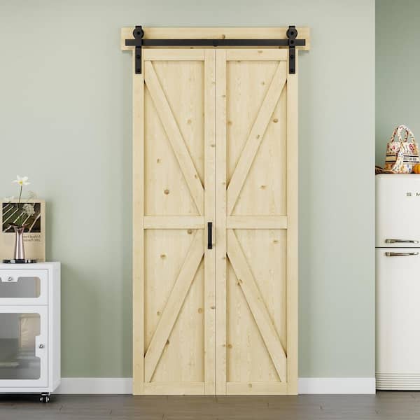 40 in. x 84 in. Paneled K Shape Solid Pine Wood Unfished Bi-fold Sliding Barn Door with Hardware Kit and Headerboard