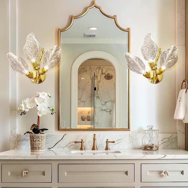 Modern 13.4 in. 3-Light Gold Bionic Leaf Wall Sconce LED Vanity Lighting Fixtures for Bathroom Hallway Living Room Stair