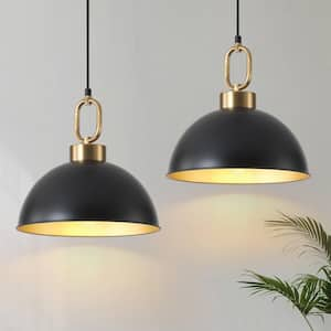 12.2 in. Black Farmhouse Metal Hemispherical Shade Height Adjustable Hanging Pendant Lights (Set of 2)