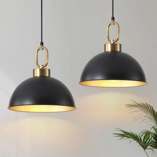 GoYeel 12.2 in. Black Farmhouse Metal Hemispherical Shade Height Adjustable Hanging Pendant Lights (Set of 2)