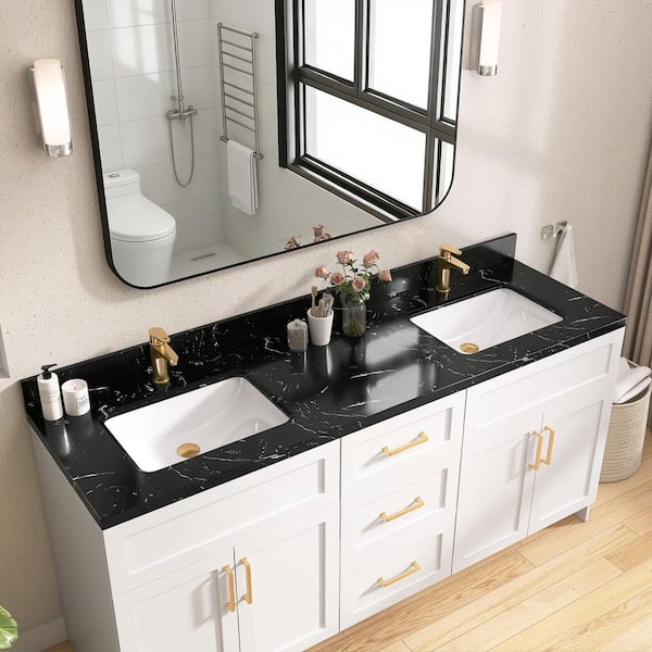 72 in. W x 22 in. D Quartz Stone White Rectangular Undermount Double Sink Vanity Top in Black with 4 in. H Backsplash