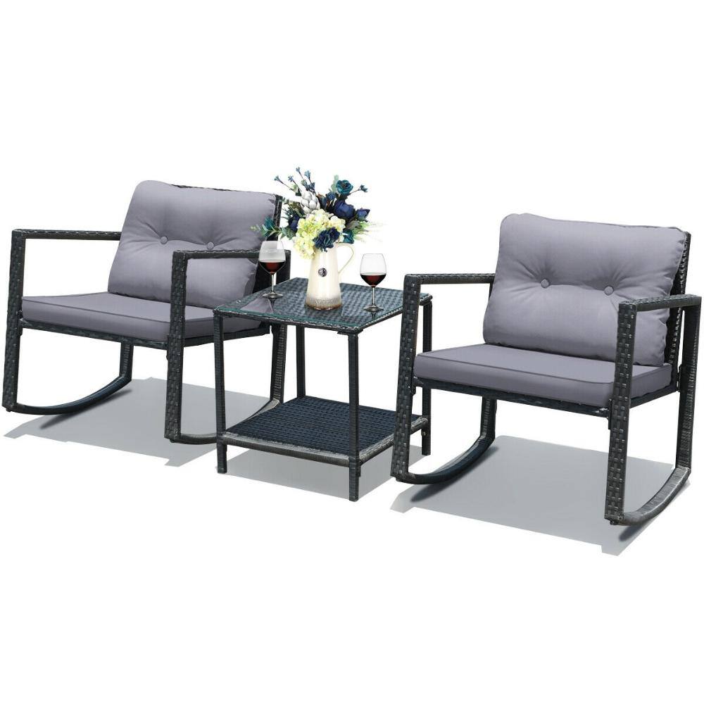 3-Piece PE Rattan Patio Rocking Chair Set with Thick Cushions and Glass Table, Gray price history on PriceWatchPro