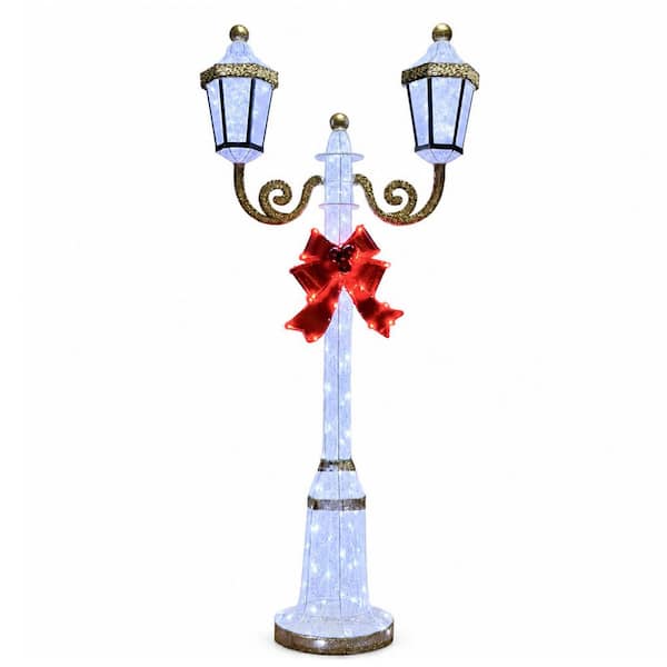 5 ft. Outdoor Christmas Yard Decoration 2-Head Lamp Post with Cool White LEDs and Pre-Lit Red Bow, White