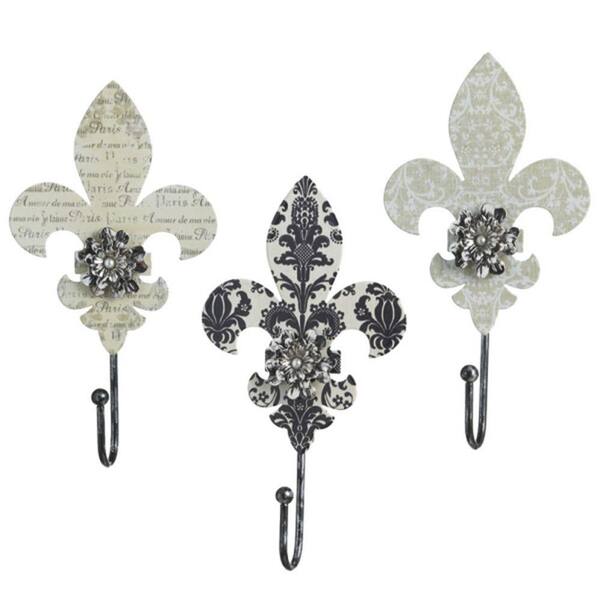 Filament Design Sundry 8.25 in. x 4.25 in. Fleur de Lis Wall Hook Traditional Wall Art (Set of 3)-DISCONTINUED