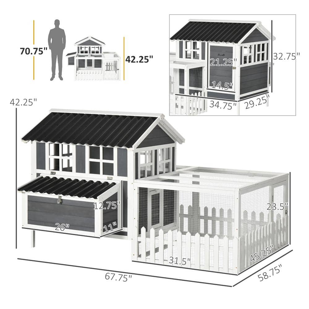 Gray and White Wooden Chicken Coop with Run and Nesting Box