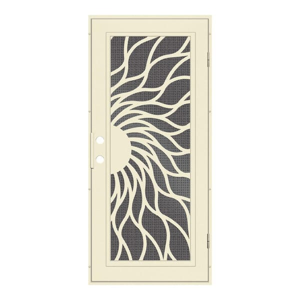 Unique Home Designs 32 in. x 80 in. Sunfire Beige Hammer Left-Hand Surface Mount Aluminum Security Door with Black Perforated Metal Screen