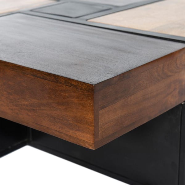 The Urban Port  in. L Brown and Black Square Mango Wood Coffee Table  with Metal Base UPT-262403 - The Home Depot