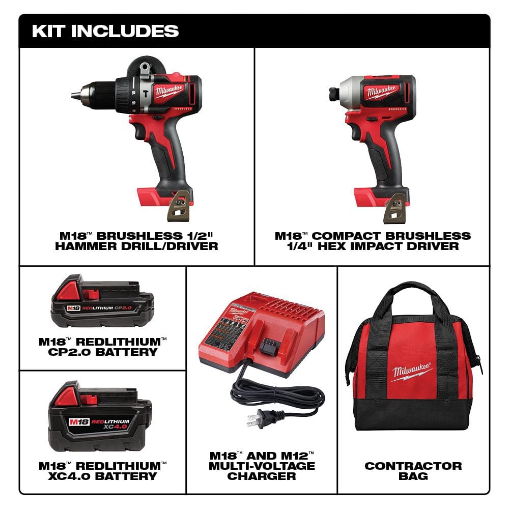 M18 18V Lithium-Ion Brushless Cordless Hammer Drill/Impact Combo Kit (2-Tool) with 2 Batteries, Charger and Bag - 1