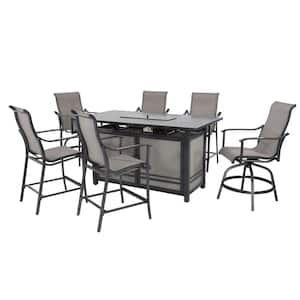 7-Piece Aluminum Patio Dining Set, 30,000 BTU Propane 66 in. L x 36 in. W Firepit Table w/ 2 Swivel and 4 Dining Chairs