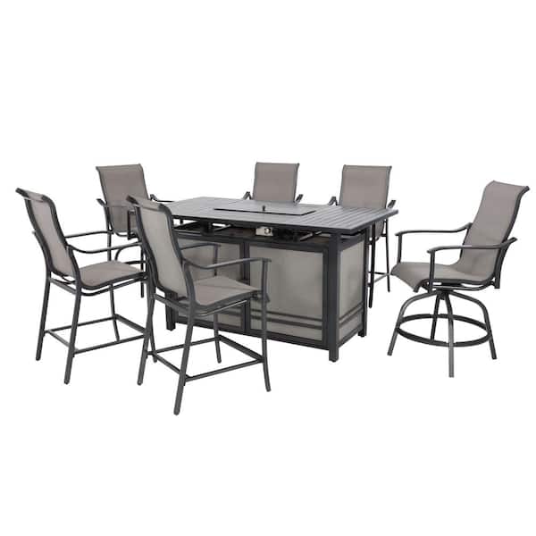 Exclusive Heritage 7-Piece Aluminum Patio Dining Set, 30,000 BTU Propane 66 in. L x 36 in. W Firepit Table w/ 2 Swivel and 4 Dining Chairs