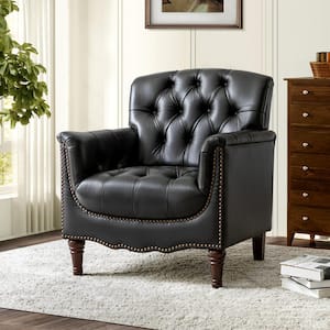 Elijah Traditional Black Genuine Leather Button-tufted Armchair with Luxury Style and Solid Wood Legs