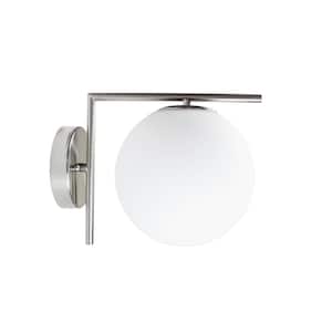 Mid Century 11 in. Satin Nickel Globe Sconce with Frosted Glass Shade