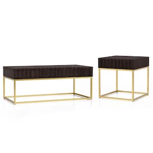 Kapulet 47.75 in. Walnut and Gold Rectangle Wood Top 2-Piece Coffee Table Set