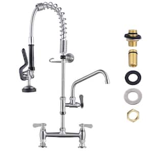 26 in. Commercial Triple Handle Pull Down Sprayer Kitchen Faucet with Pre Rinse Sprayer in Brushed Nickel