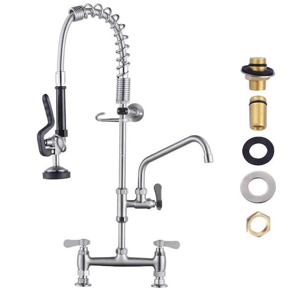 26 in. Commercial Triple Handle Pull Down Sprayer Kitchen Faucet with Pre Rinse Sprayer in Brushed Nickel
