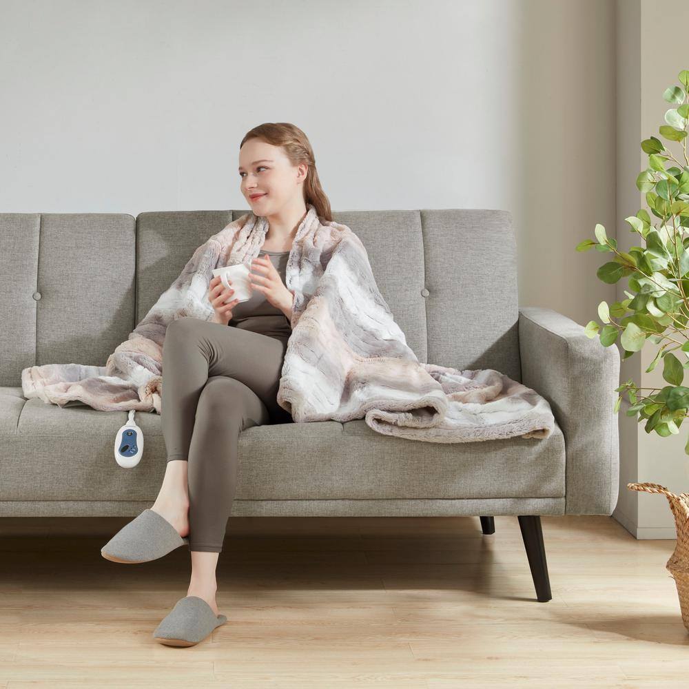 Luxurious Oversized Blush & Gray Faux Fur Heated Throw
