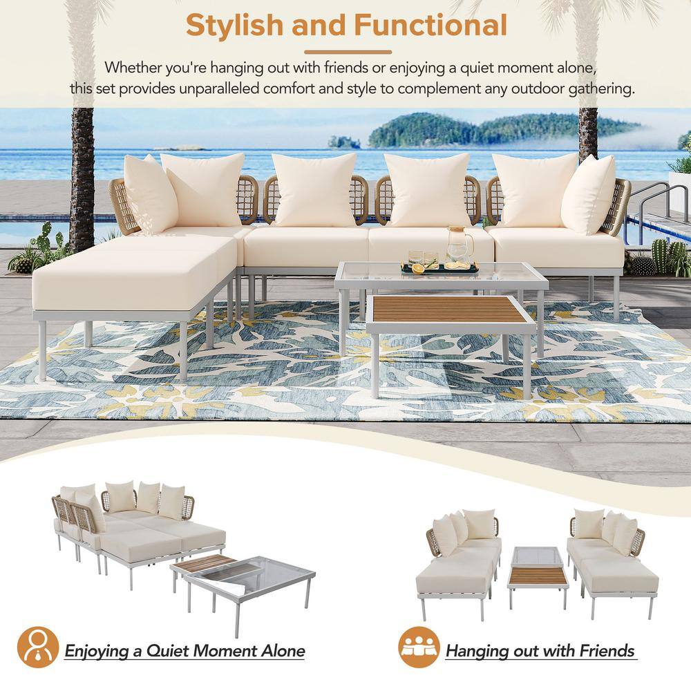 Beige Cushioned 6-Person Outdoor Sectional Sofa Set with White Iron Frame