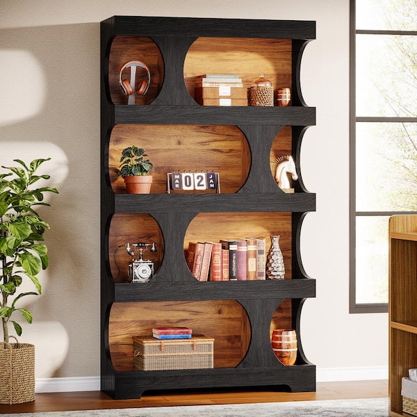 BYBLIGHT Eulas 71 in. Tall 4-Tier S-Shaped Black MDF Bookcase for Home Office