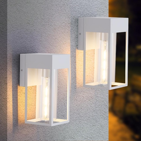 10.2 in. White Modern Porch Lights Outdoor Hardwired Wall Lantern Sconce with No Bulbs Included (2-Pack)
