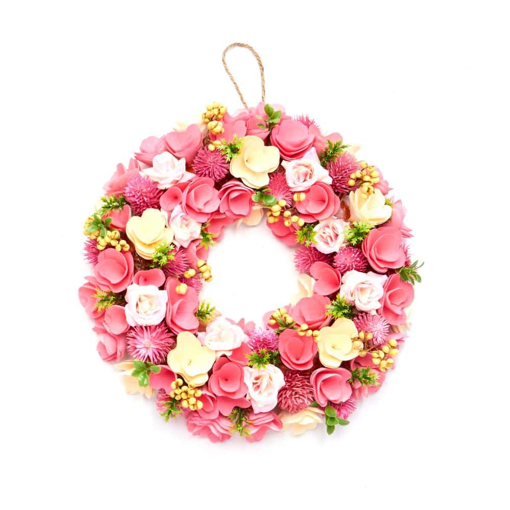 12 in. Artificial Valentines, Mothers Day Pink Flower and Wood Curl Wreath