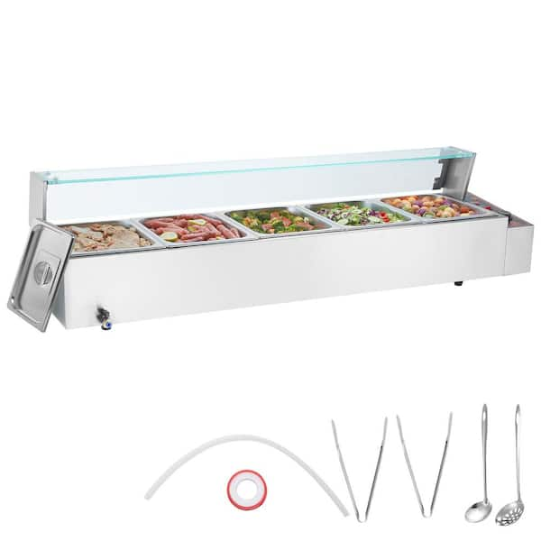 5-Pan Commercial Food Warmer, 5 x 8QT. Electric Steam Table with Glass Cover, 1700W Countertop Stainless Steel Buffet