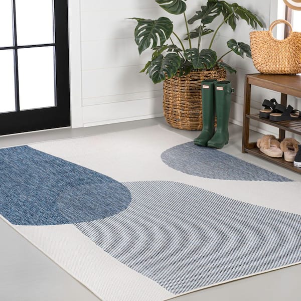 Zia Modern Geometric Organic Shapes Cream/Navy 3 ft. x 5 ft. Indoor/Outdoor Area Rug