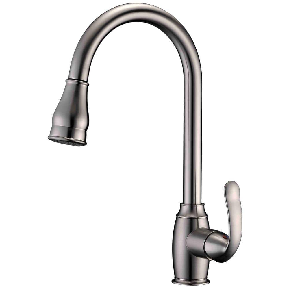 Bay Single Handle Deck Mount Gooseneck Pull Down Spray Kitchen Faucet with Metal Lever Handle 4 in Brushed Nickel -  Barclay Products, KFS408-L4-BN