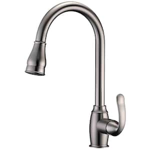 Bay Single Handle Deck Mount Gooseneck Pull Down Spray Kitchen Faucet with Metal Lever Handle 4 in Brushed Nickel