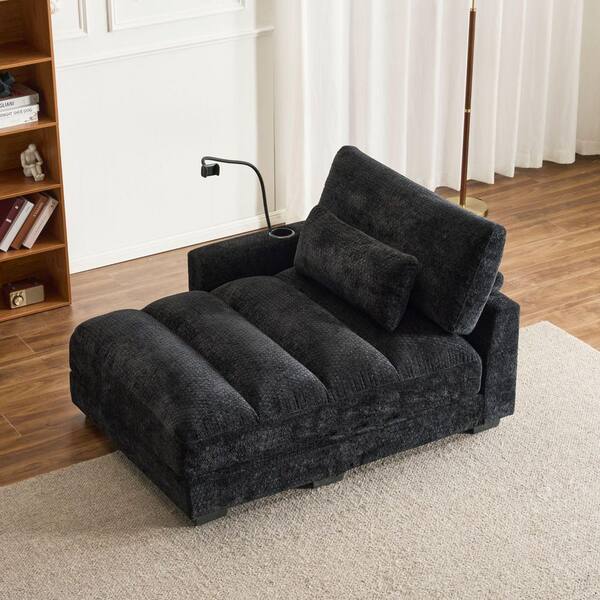 Black Chenille Straight Arm Chaise Lounge with Cup Hoder and USB Port for Living Room, Bed Room