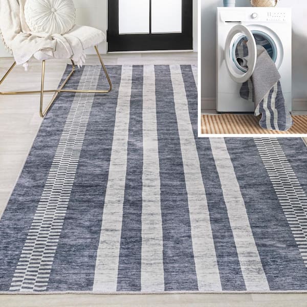 Vichy Geometric Striped Machine-Washable Slate Gray/Ivory 8 ft. x 10 ft. Area Rug