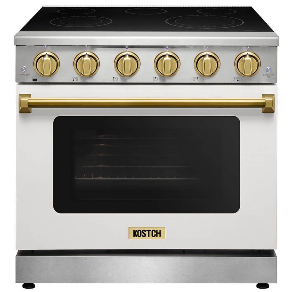 36 in. 5 Elements Freestanding Electric Range with 6.0 cu. ft. True Convection Oven in White with Bronze Handles price history on PriceWatchPro