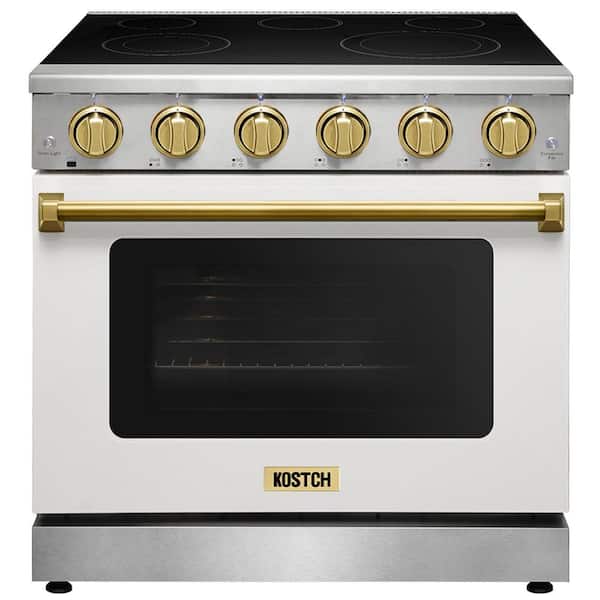 36 in. 5 Elements Freestanding Electric Range with 6.0 cu. ft. True Convection Oven in White with Bronze Handles
