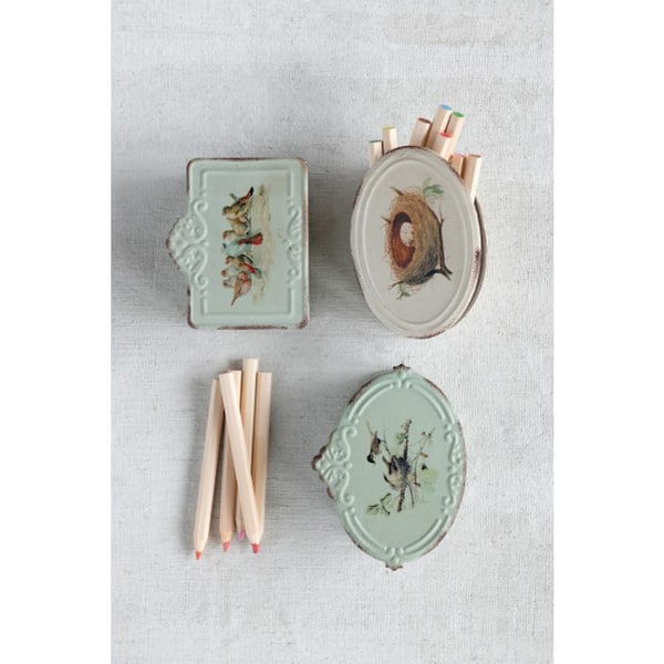 Storied Home Decorative Metal Boxes with Attached Lids and Bird Images (Set of 3) DF2579SET