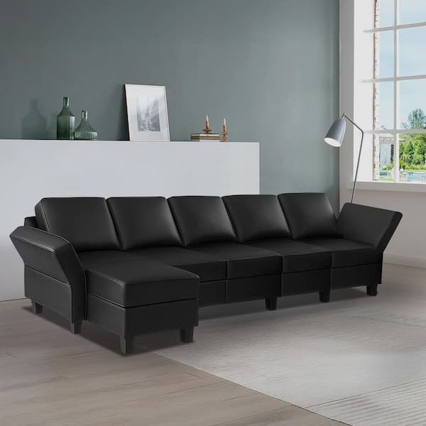 138.19 in. Square Arm 6-Piece Faux Leather U-Shaped Sectional Sofa in. Black with Ottoman and Modular Design