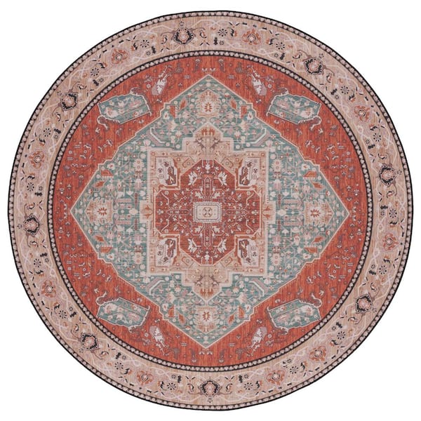 SAFAVIEH Tucson Aqua/Rust 6 ft. x 6 ft. Machine Washable Floral Border Round Area Rug