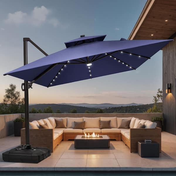 Double Top 11.5 ft. x 9 ft. Aluminum Solar LED Lighted 360° Swivel Patio Umbrella in Navy Blue with 350 lbs. Base