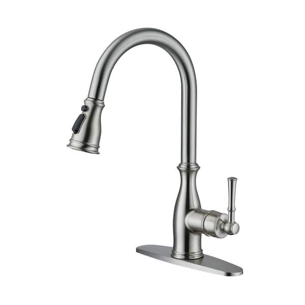 Boyel Living 3-Spray Patterns Single Handle Pull Down Sprayer Kitchen Faucet with Deck Plate and Ceramic Cartridge in Brushed Nickel