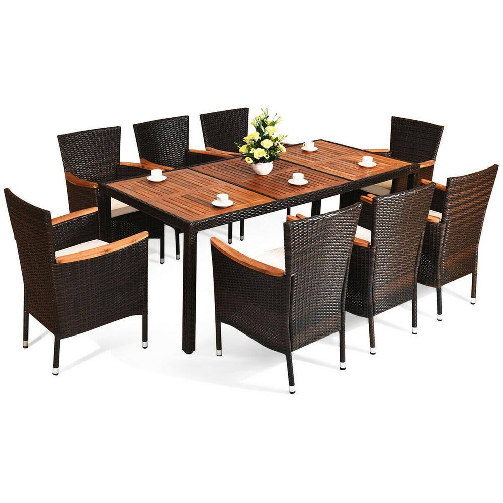 Brown 9-Piece Wicker Rectangle 29.5 in. H Outdoor Dining Set Beige Foam Cus