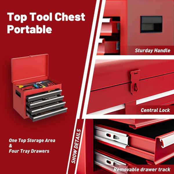 5-Drawer Red+Black Rolling Tool Storage Cabinet Lockable Tool Chest with Detachable Top Tool Box and Adjustable Shelf