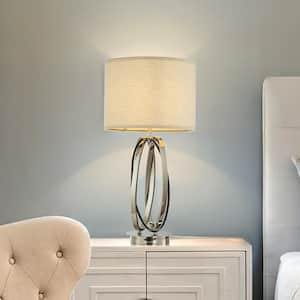 28 in. Elegant Modern Table Lamp in Polished Nickel Metal with Ivory Fabric Drum Shade