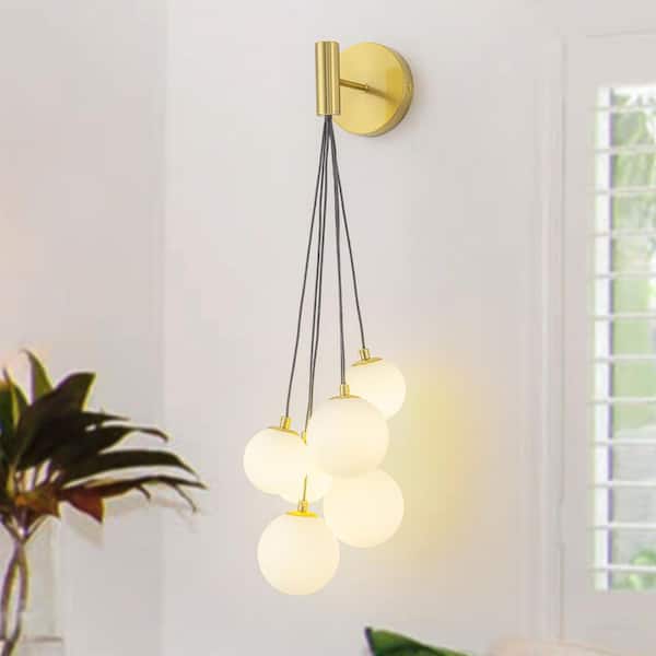 26 in. H 6-Light Modern Gold Wall Sconce with Frosted Globe Shades for Living Room/Bedroom
